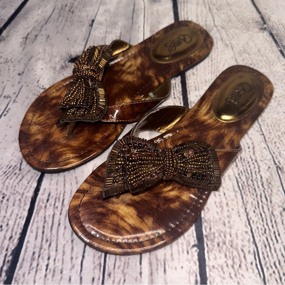 Bow Flip Flop Sandals Slide Carlos Santana 7 1/2 M Bronze Gold Elegant